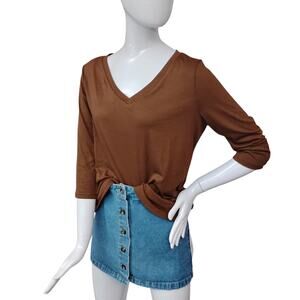 Riyiper V Neck Top Size Medium Relaxed Fit Brown 3/4 Sleeve NWT